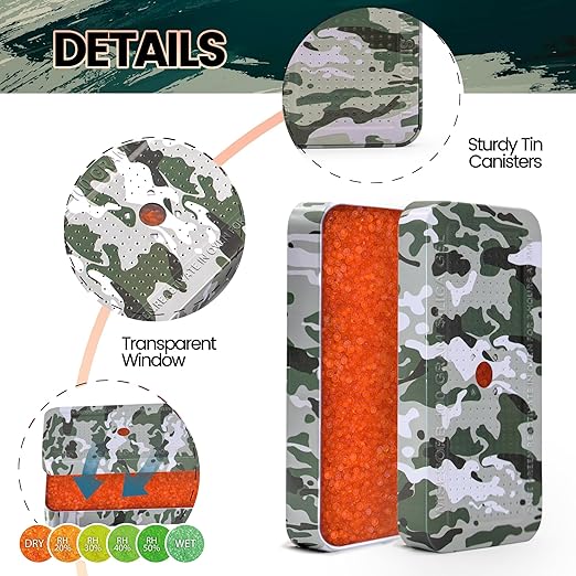 100 Gram Camouflage Gun Safe Dehumidifier Silica Gel Canister Rechargeable Dehumidifier Desiccant Reusable Indicating Desiccant Moisture Absorber with Visible Window [4PACK]