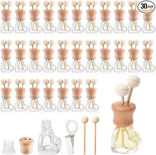 Zubebe 30 Pack Car Air Freshener Diffuser with Vent Clip Empty Car Diffuser Bottles for Essential Oil Perfume Glass Bottle with Wooden Caps Stick(Heart)