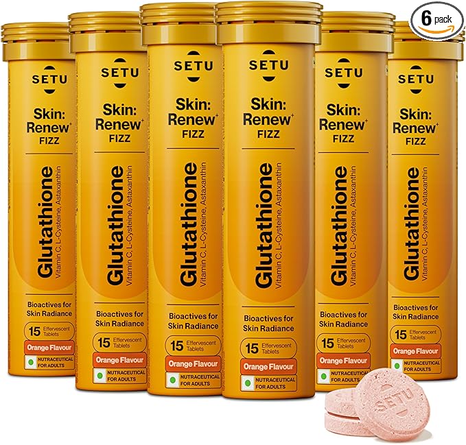 SETU Glutathione Effervescent Tablets with 500mg L-Glutathione & Vitamin C | Sugar-Free Antioxidant Supplement | Orange (Pack of 6)