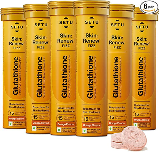 SETU Glutathione Effervescent Tablets with 500mg L-Glutathione & Vitamin C | Sugar-Free Antioxidant Supplement | Orange (Pack of 6)