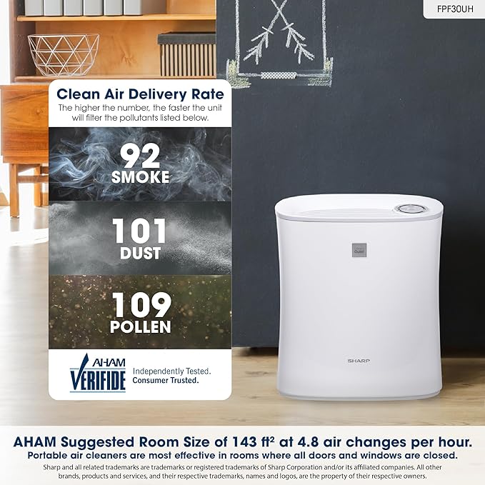 SHARP Air Purifier with True HEPA filter. Covers up to 690 sq. ft. for Small Rooms, such as Bedroom, Office or Dorm Room, for Dust, Smoke, and Pollen. FPF30UH