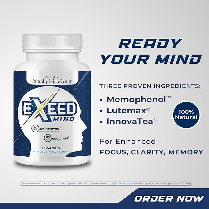 Body Kitchen EXEED Mind Crafted Supports Mental Clarity, Cognitive Function, with Memophenol, Lutemax 20/20, InnovaTea, Veggie Caps, 60 Count