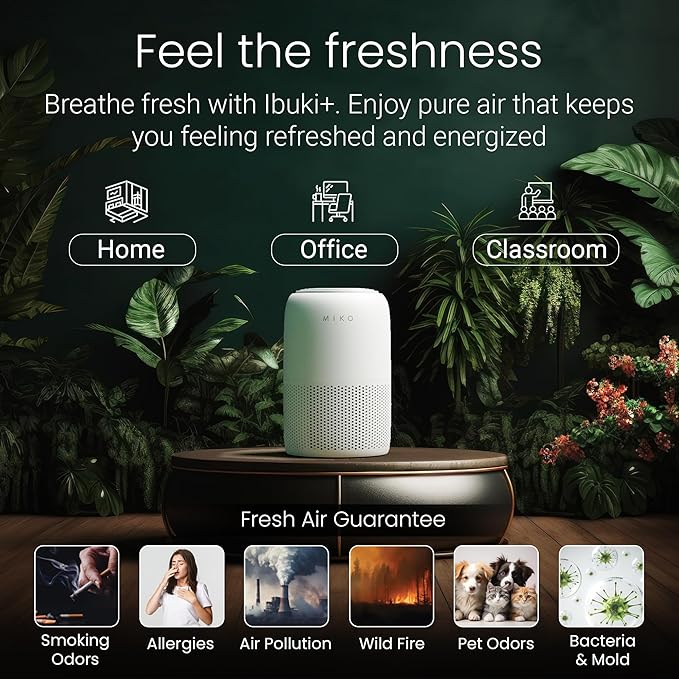 MIKO Air Purifier for Bedroom with 3-in-1 HEPA Filter & Sleep Mode, Whisper Quiet, Covers Up to 1200 ft, Smart Wi-Fi App Control - Removes Smoke, Allergens, Pets Hair, Dust, Odors, Pollutants