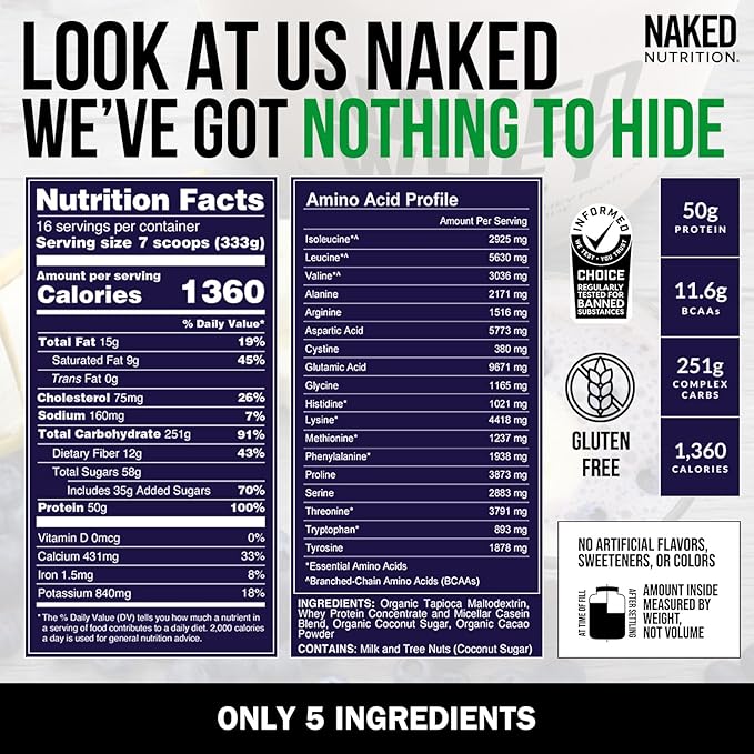 NAKED Chocolate Mass Gainer - All Natural Weight Gainer Protein Powder - 12LB Bulk, GMO Free, Gluten Free & Soy Free. No Artificial Ingredients - 1,360 Calories