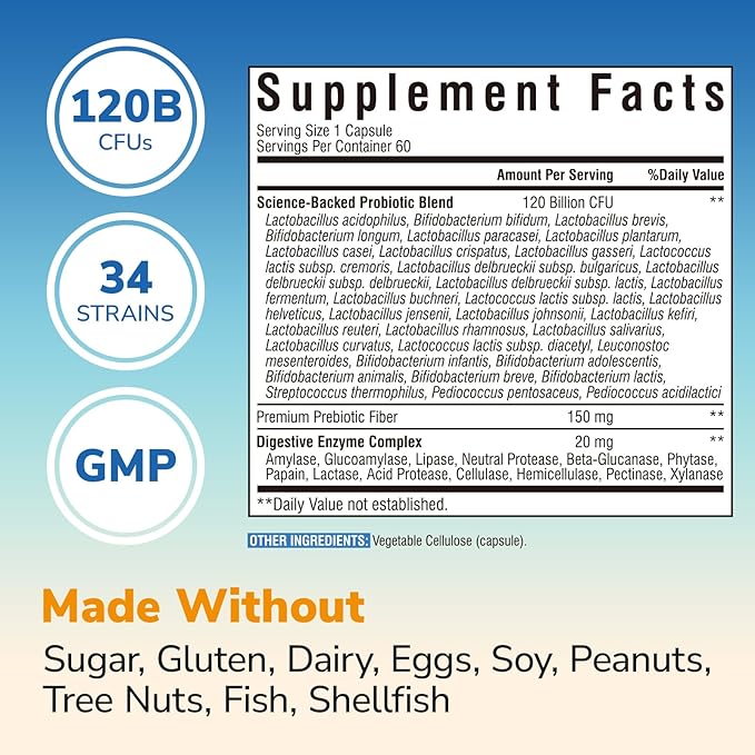 Probiotics for Women and Men, 120 Billion CFU 34 Strains, with Digestive Enzymes & Prebiotics, No Gluten, Gut Health, Digestive Health, Bloat Relief, 60 Veggie Caps