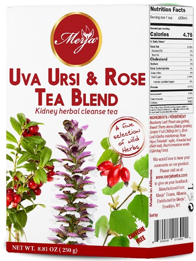 Merja Herbs Uva Ursi & Rose Tea - Kidney Support & Cleanse - Mediterranean Loose Tea - Caffeine Free - 100% Natural & Premium Quality 250gr 8.82 oz