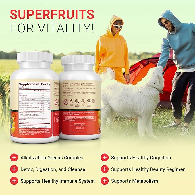 (120 Chews) Fruits and Veggies Supplement - Super Greens Gummies (9 Superfruits & 30 Veggies) Mushrooms, Fruit and Vegetable Vitamins, Non-GMO, Pectin-Based, Gluten-Free, No Capsules