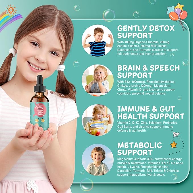 200mg Zeolite Detox for Kids & Adults, 20-in-1 Herbal Liquid with 300mg Chlorella, 200mg Milk Thistle, Cilantro, Vitamins & Probiotics Supports Speech, Cleanse, Immune & Gut Health, Berry Flavor, 60ML