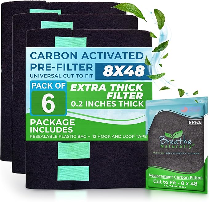 Breathe Naturally Universal 8x48 Cut-to-Fit Activated Carbon Filter (6 Pack) Charcoal Air Filter Sheet for Air Purifiers