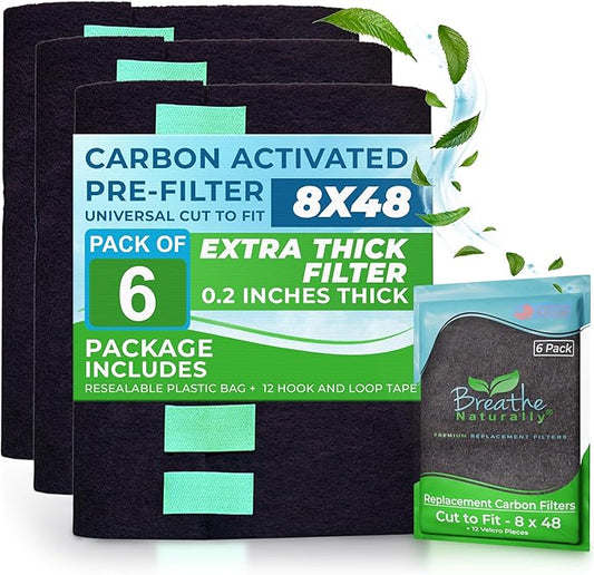 Breathe Naturally Universal 8x48 Cut-to-Fit Activated Carbon Filter (6 Pack) Charcoal Air Filter Sheet for Air Purifiers