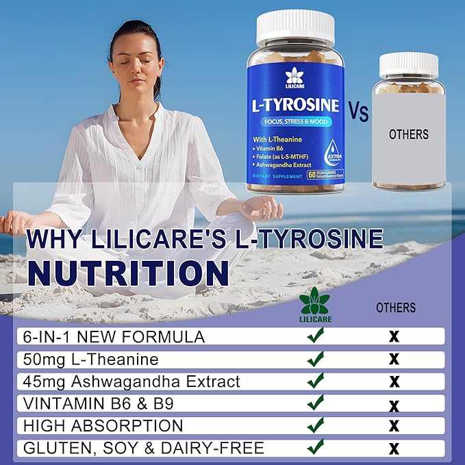 L Tyrosine Gummies 1100mg Mood Support Blend, with Ashwagandha, L-Theanine, Vitamin B Complex B6, Folate(Vitamin B9), Focus & Memory, Cognition & Brain Function, Energy Boost,Stress Support, 2Pc/120ct