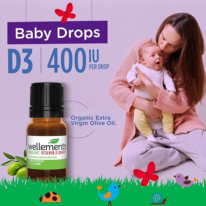 Wellements Baby Organic Vitamin D Drops for Infants & Toddlers (0.15 Fl Oz) - Certified Newborn+ Liquid Vitamin D3 Drops, Support Healthy Growth & Bone Development (1 Drop Daily & 400 IU Per Serving)