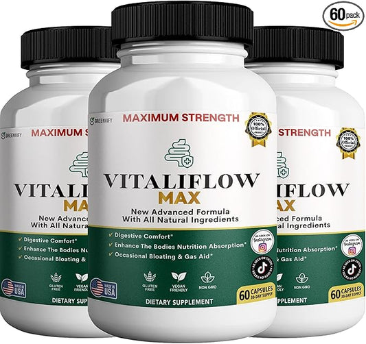 Vitaliflow Max Digestive Enzyme Supplement, 60 Veggie Capsules, Maximum Strength with Lactobacillus & Bromelain (3)