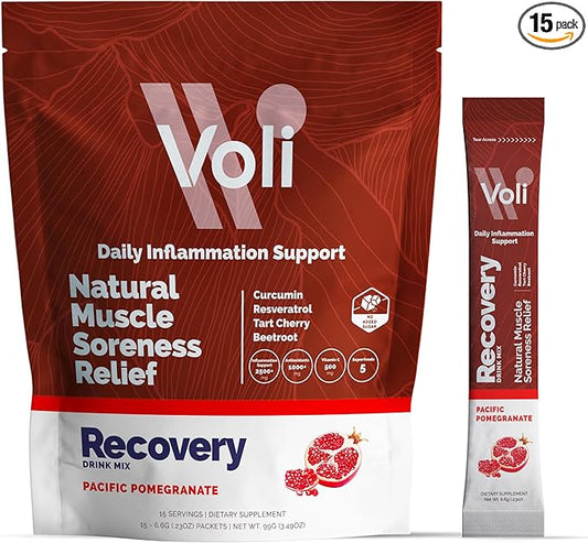 Voli Recovery - Post Workout Superfood Powder | Plant-Based Drink Mix Packets with Curcumin, Ginger & Vitamin C for Muscle Recovery & Immune Support, Inflammation & Leg Cramps Support, Vegan, 15 Count