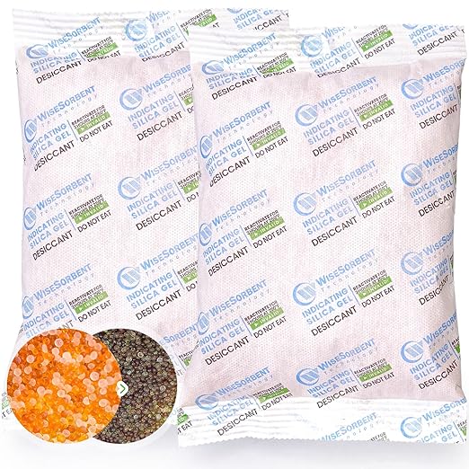 2Pcs 500 Gram Desiccant Packs, Indicating Silica Gel (Orange to Dark Green), Rechargeable Gun Safe Dehumidifier, Moisture Absorbers for Storage, Humidify Control