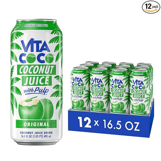 Vita Coco Coconut Juice, Original with Pulp | Big, Bold Coconut Taste | Natural Electrolytes | Sweet, Refreshing Hydration | 16.9 oz can (Pack of 12)