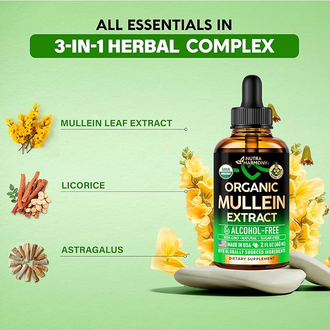 Mullein Drops for Lungs - USDA Organic Liquid - Mullein Leaf Extract Supplement - Made in USA - Lung & Bronchial Cleanse for Smokers - Respiratory Health Support - As Tincture, Tea, Pills - 2 fl oz