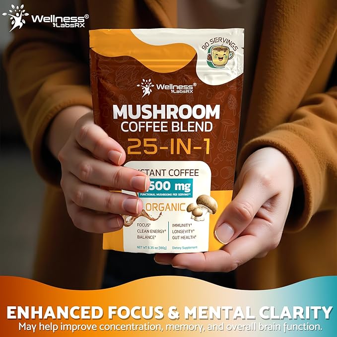 Mushroom Coffee Organic Instant Coffee, 25-in-1, Third-Party Tested Keto Friendly Lions Mane Supplement with Functional Mushrooms – Shiitake, Reishi, Lion’s Mane & More | Smooth, Rich Flavor - 90 Servings
