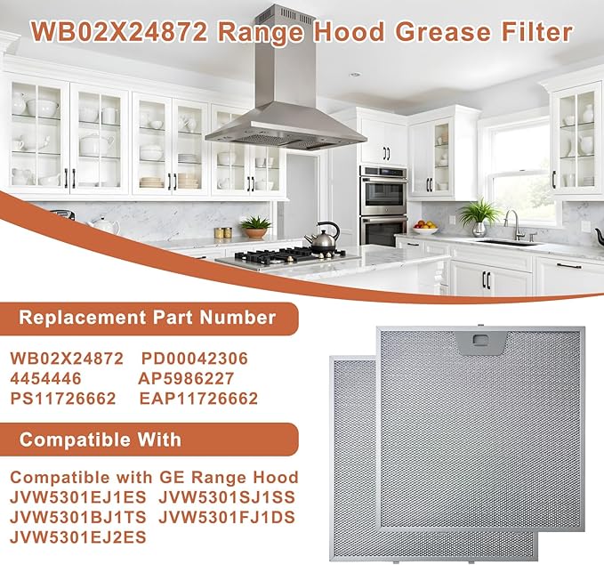 2PCS WB02X24872 Range Hood Grease Filter Compatible with GE Range Hood JVW5301FJ1DS JVW5301SJ1SS JVW5301BJ1TS JVW5301EJ1ES JVW5301EJ2ES, 11.92 x 11.81 x 0.39"