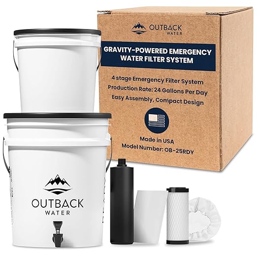 Outback Emergency Drinking Water Filter System - Gravity Fed Bucket Water Filtration for Survival, Off-Grid, Disaster Preparedness, Survival Gear & Camping, Bug Out Kit, Up to 24 Gallons a Day