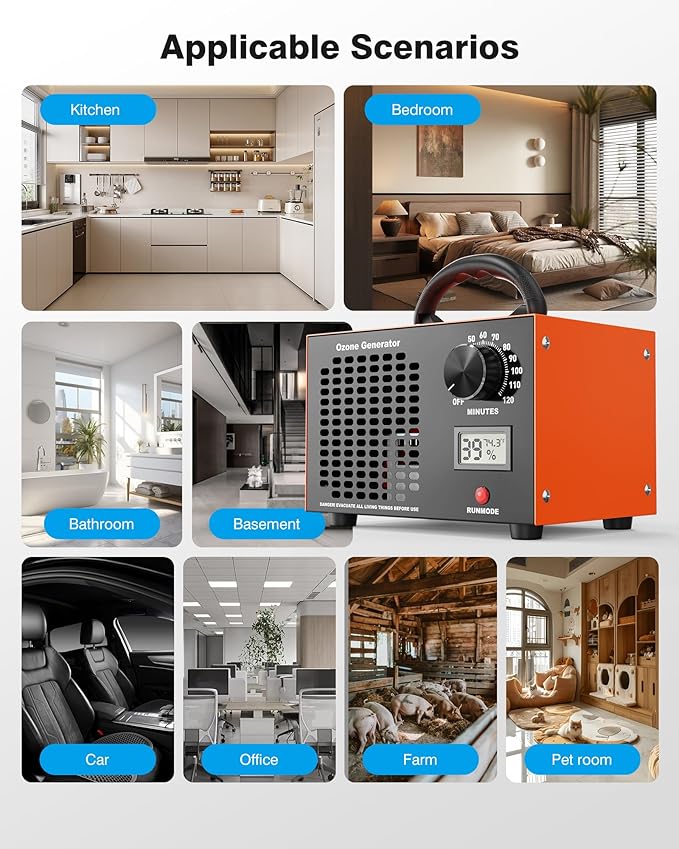 Ozone Generator - 60000 mg/h Ozone Generator for Large Spaces up to 5000 Sq.Ft, Air Purifier with Temp & Humidity Display, 120-Min Timer, Ozone Machine for Cars, Homes, Hotels, Kitchens & Pet Areas