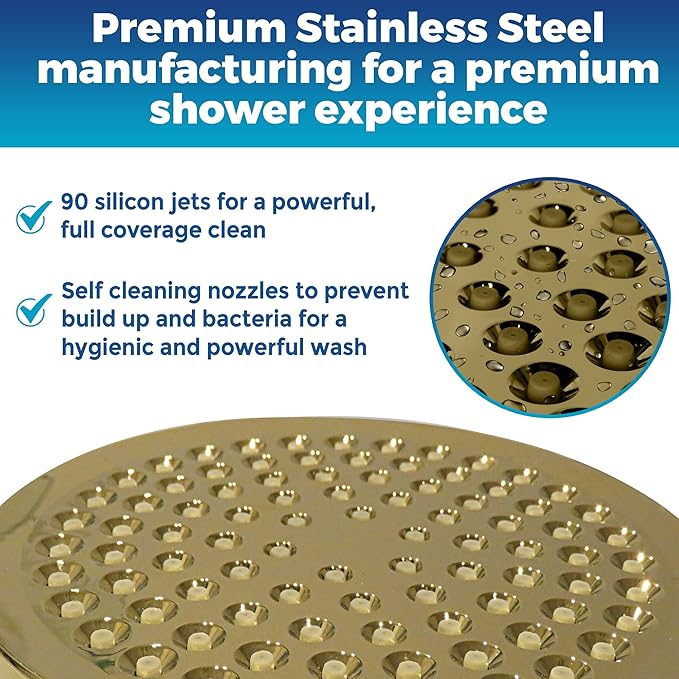 High Pressure Shower Head - Anti-Clogging Silicone Nozzles - 2.5 GPM Removable Restrictor - Easy to Clean Adjustable Replacement - easy to install with Plumbers Tape - 6 inch - Elegant Gold Finish