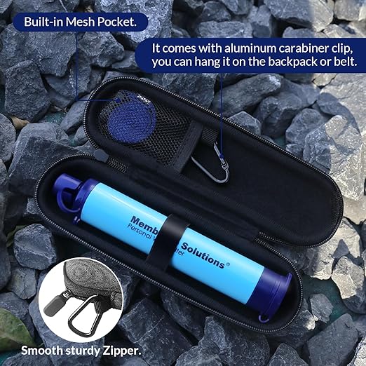 Membrane Solutions 2Pcs Personal Water Filter Straw with A Storage Case Travel Carrying Bag Portable Water Filtration Carrier, Hard Shockproof EVA, for Camping, Hiking, Water Purifier Survival