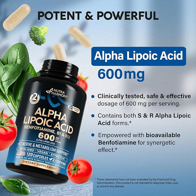 Alpha Lipoic Acid 600mg - ALA Supplement Antioxidant for Nerve, Energy & Metabolism Support - Extra Strength with Benfotiamine, B1 & B12 - Lab Tested, Non-GMO & Vegan - 120 Capsules, 2 Month Supply