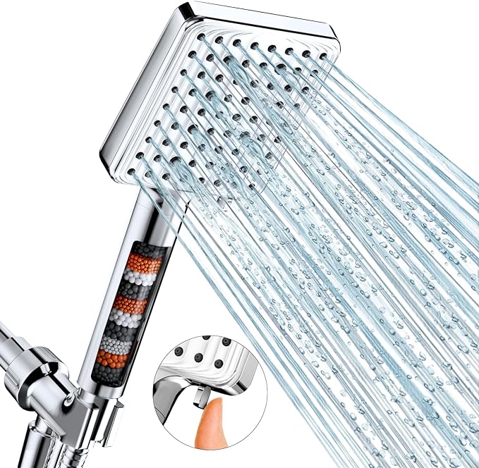 Filtered Shower Head - 6 Modes High Pressure Handheld Shower Head with Filter Mineral Beads, Detachable Handheld Showerhead Set with Stainless Steel Hose and Shower Arm Bracket