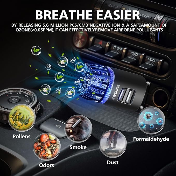 Car Air Purifier Ionizer, 12V Plug-in Car Air Freshener Gadgets with Dual USB Charger Removes Cigarette Smoke, Pet and Food Odor, Ionic Ozone (Silver)