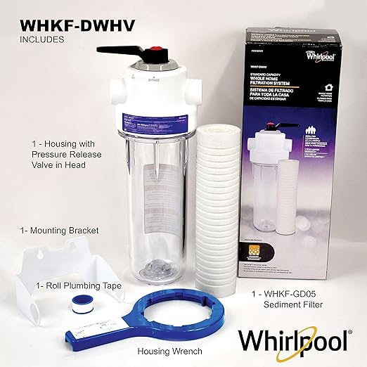Whirlpool 10 x 2.5 Inch Whole House Water Filtration System WHKF-DWHV, 3/4" Ports, Clear Housing, NSF Certified Water Filter WHKF-GD05 Included