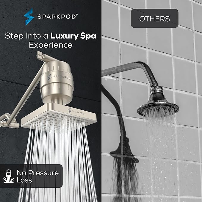 SparkPod 6" High Pressure Rain Shower Head with 23 Stage Filter Capsule & 11 Inch Adjustable Shower Arm Extension -Shower Filter Reduces Chlorine for Smoother Hair & Skin (Square, Brushed Nickel)