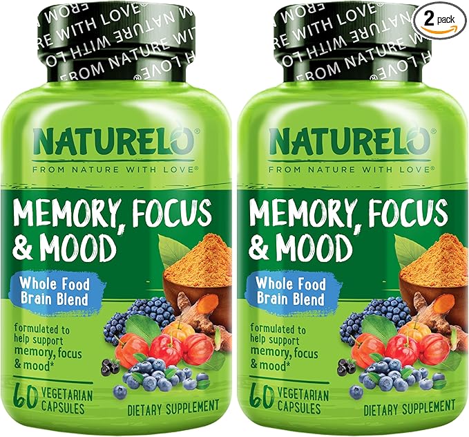 NATURELO Whole Food Brain Supplement - Brain Health Supplements for Memory & Focus Support - Enhance Brain Health Blend Supplement for Adults - 60 Vegetarian Capsules (Pack of 2)