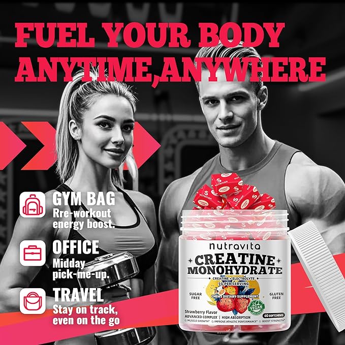 Creatine Monohydrate Chews (5g) – Pre-Workout Energy & Muscle Growth Support for Men & Women | Strawberry Electrolyte Gummies (60 Count)