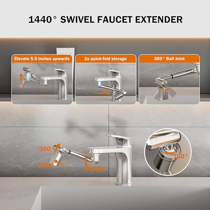 Frizzlife 1440° Swivel Faucet Extender Sink Aerator, 3-Mode Sprayer Water Filter Extension, 1080° Robotic Arm + 360° Rotating Universal Tap Attachment For Bathroom/Kitchen ＆ Washing Hair/Face/Kids Use