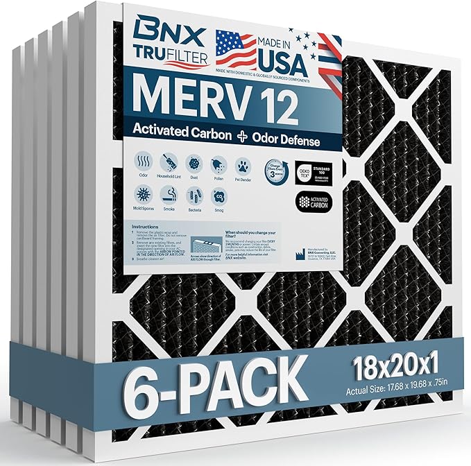 BNX TruFilter 18x20x1 MERV 12 Odor Defense (6-Pack) AC Furnace Air Filter with Activated Carbon - MADE IN USA - Pleated Air Conditioner HVAC AC Furnace Filters - Removes Odor, Mold, Bacteria, Smoke
