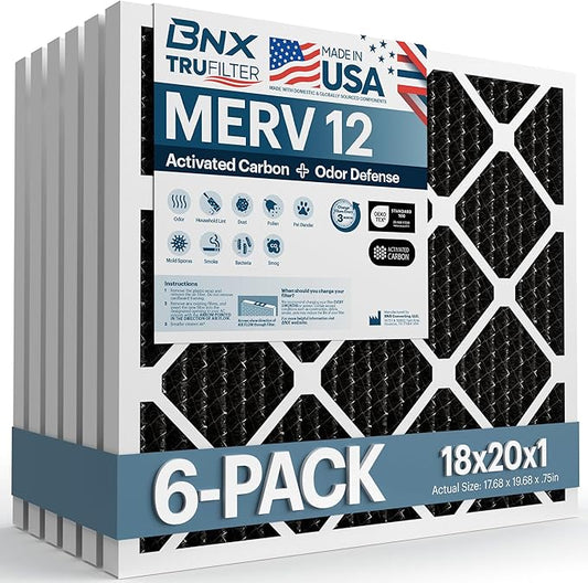 BNX TruFilter 18x20x1 MERV 12 Odor Defense (6-Pack) AC Furnace Air Filter with Activated Carbon - MADE IN USA - Pleated Air Conditioner HVAC AC Furnace Filters - Removes Odor, Mold, Bacteria, Smoke