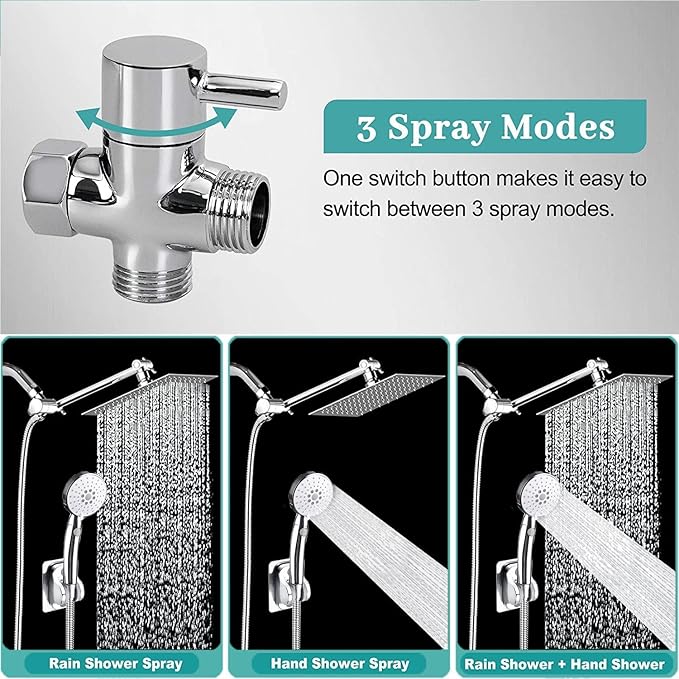 10 Inch Shower Head Combo, High Pressure Rainfall Shower Head with 4 Settings Handheld Spray and 11 Inch Brass Adjustable Extension Arm, 78'' Anti-leak Shower Hose, Chrome