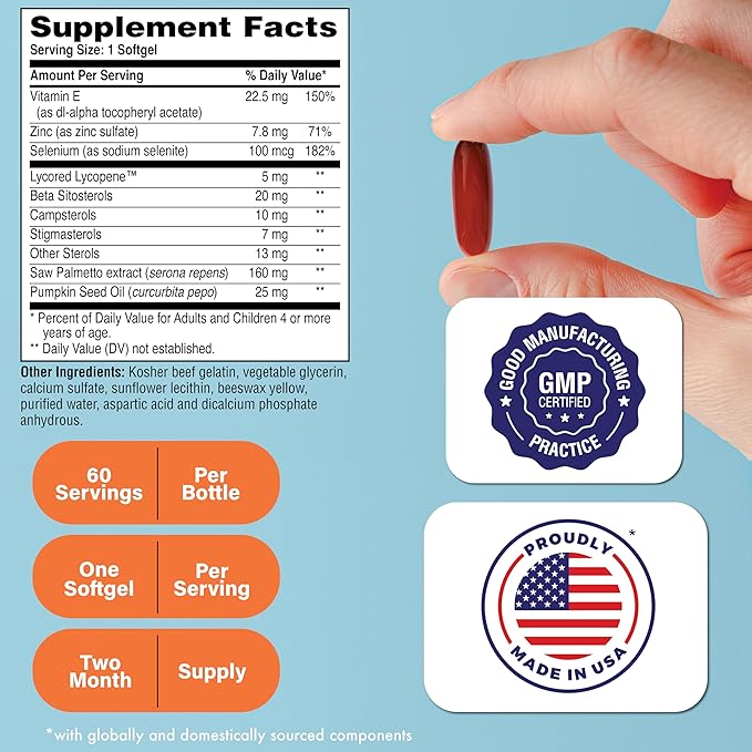 Health Thru Nutrition Prostate Plus with Saw Palmetto Extract, Lycopene as Lycored, Plant Sterols, Selenium, Zinc and Pumpkin Seed | Complete Prostate Support | Non-GMO & Gluten Free (Pack of 60)