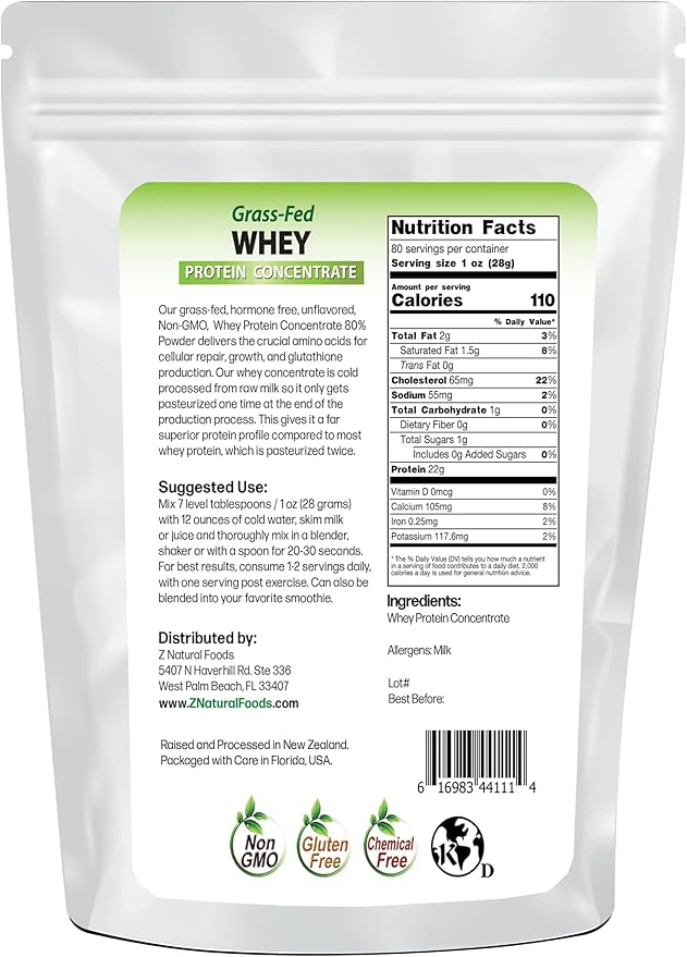 Z Natural Foods Grass-Fed Whey Protein Concentrate - Clean Whey Protein Powder from New Zealand - Cold Processed Pure Whey Protein with Essential Amino Acids for Nutrition & Fitness, Unflavored, 5 lbs