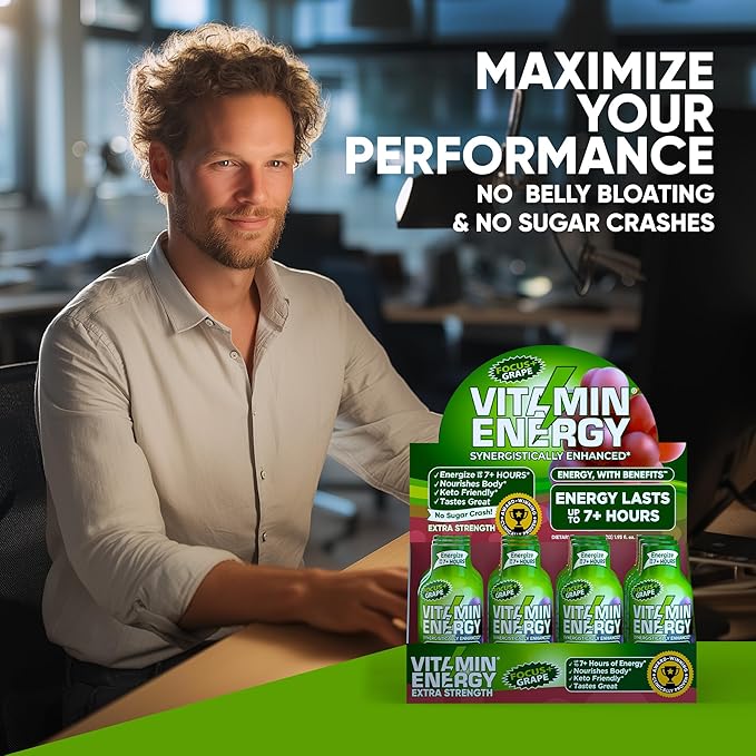 Vitamin Energy Focus+ Extra Strength Energy Shot Grape 48 Pack, 260mg Natural Caffeine, B-Vitamins, CoQ10, Amino Acids, Focus, Productivity & Clarity, Zero Sugar, Gluten-Free, 1.93 fl oz