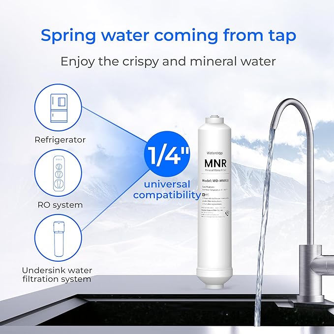 Waterdrop Remineralization Filter WD-MNR35, 1/4" Quick Connect Mineral Filter for Reverse Osmosis System, Restore Essential Minerals for RO System, RO Mineral, Under Sink Water Filtration