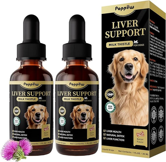 (2 Pack) Poppaw Milk Thistle for Dogs, 9-in-1 Liver & Kidney Support Drops with Artichoke, Resveratrol, Marigold Extract, Natural Detox Herbal Supplement for Liver Function, Bacon Flavor, 2 Oz