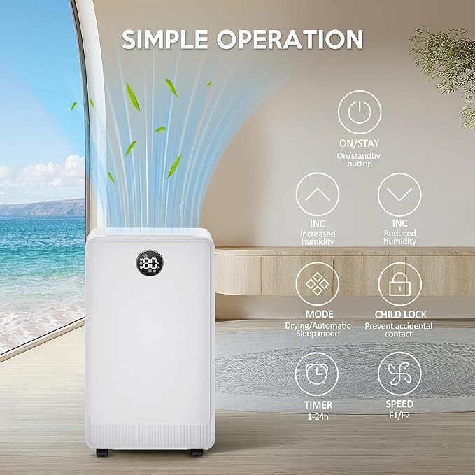 2500 Sq.Ft Dehumidifiers for Home, Dehumidifier for Basement with Drain Hose Max 34 Pints，Dehumidifier for Bedroom, Bathroom，Intelligent Humidity Control, 24H Timer, 3 Modes, Child Lock, Auto Defrost