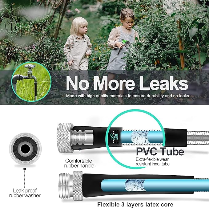 25ft 304 Stainless Steel Garden Hose Metal, Heavy Duty Water Pipe with Nozzles for Yard, Outdoor - Flexible, Never Kink & Tangle, Puncture Resistant (Sliver)