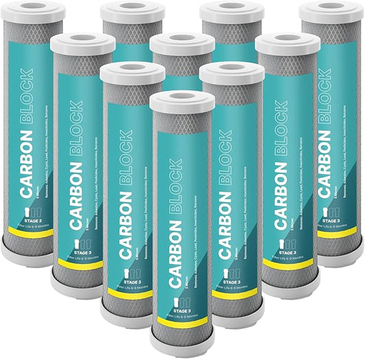 NU Aqua Reverse Osmosis Carbon Block Filter 10 Inch Replacement - 5 Micron Universal RO Water Filtration System Cartridge - 10 Pack of Premium Filters