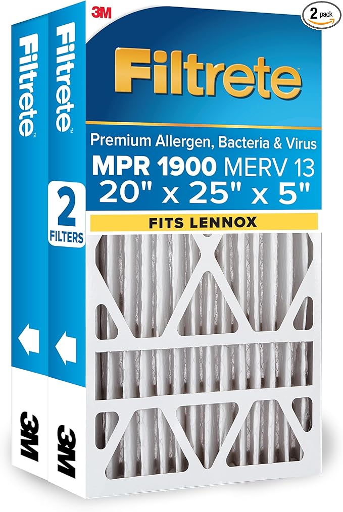 Filtrete 20x25x5 (SlimFit) AC Furnace Air Filter, MERV 13, MPR 1900, Premium Allergen, Bacteria & Virus, Electrostatic Air Cleaning Filter, 2-Pack (Actual Size 19.63x24.75x4.31 in)