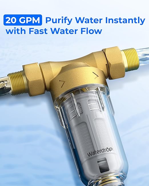 Waterdrop Spin Down Sediment Filter, Backwash Whole House Water Filter System for Well Water, 40-50 Micron, 1" MNPT + 3/4" FNPT + 3/4" MNPT, Traps Sand, BPA Free, WD-RPFK
