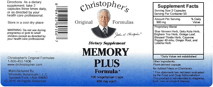 Christopher's Original Formulas Memory Plus Herbal Blend - Brain Supplements for Memory & Focus - Supports Cognitive Function, Energy, & Alertness