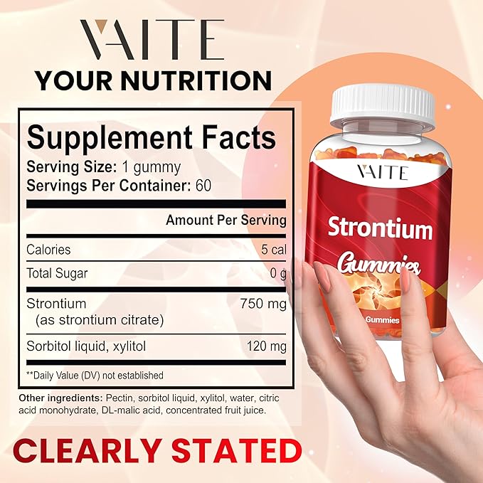 Strontium Citrate 750mg Supplement – Enhances Bone Density, Strength, and Health for Men and Women, 60 Vegan, Non-GMO, Sugar-Free Gummies Provide an Easy Way to Promote Long-Term Bone Wellness